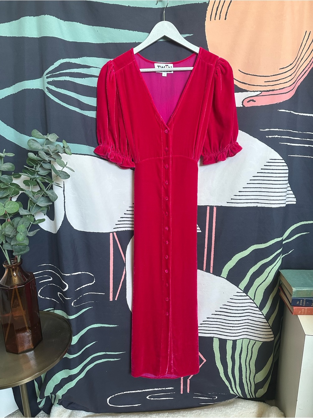 T.W.I.N V-Neck Velvet Midi Dress in Fuchsia